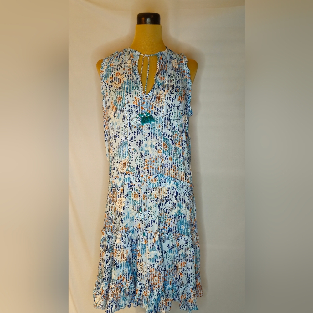 Poupette St Barth Clara Mini Dress Blue Parrot Batik Rombo Ruffle Tie V-Neck - L
